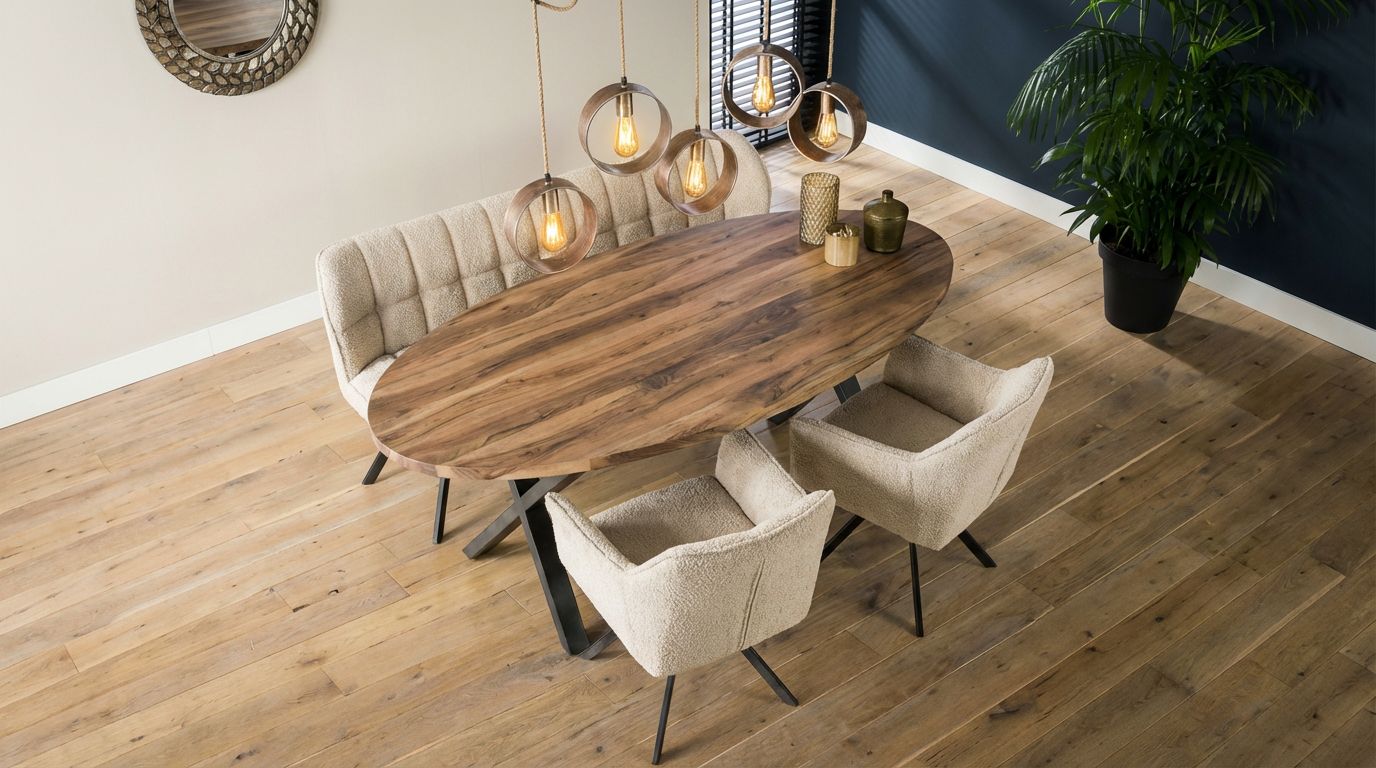 Set Essgruppe Polsterbank Raster + 2 Armlehnstühle Boucle Sand