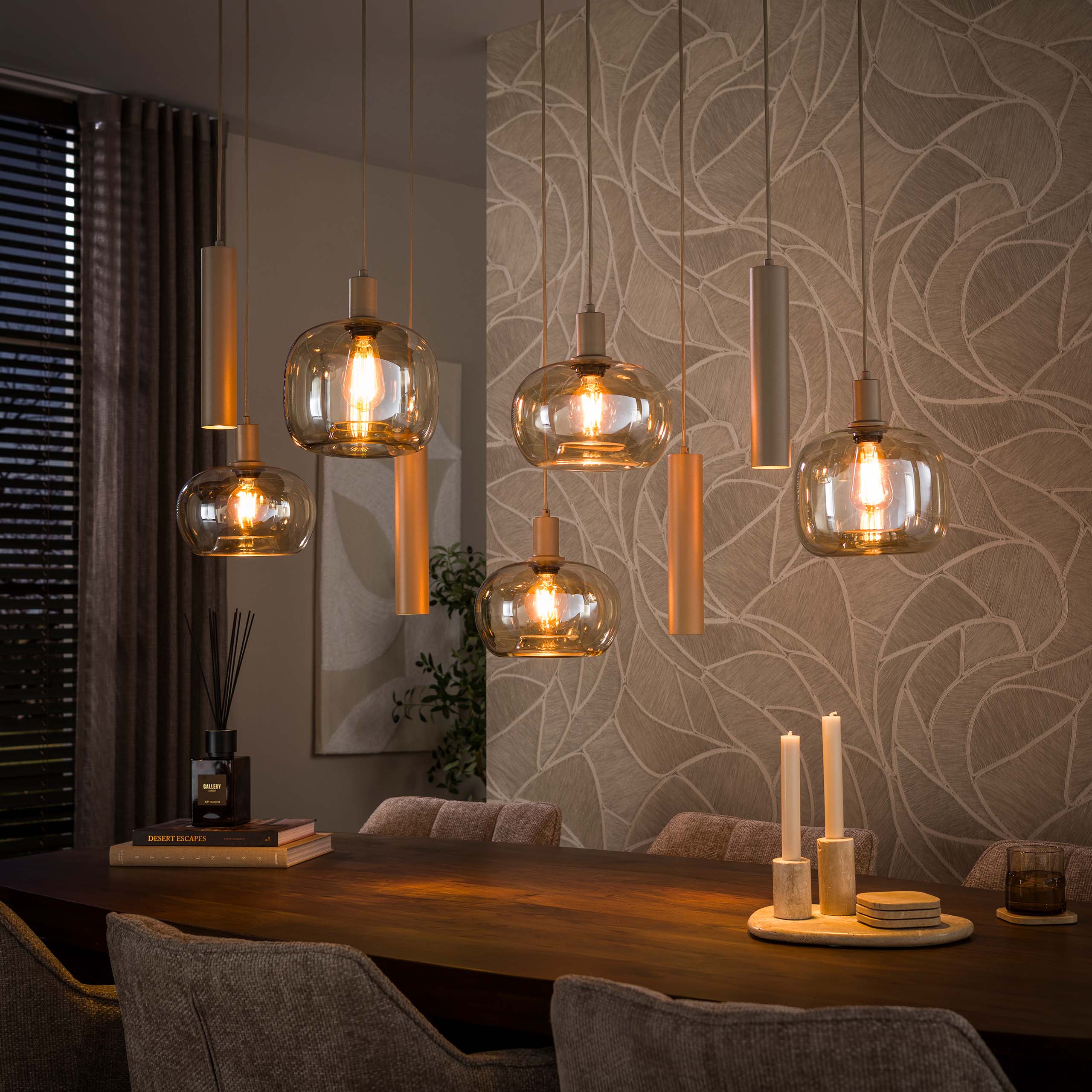 Hängelampe Industrial Serene Beige Glas Metallpendel 5 + 4