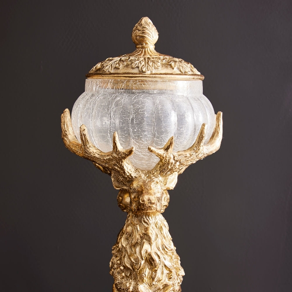 Dekofigur Vorratsdose Hirsch Gold mit Glasschale