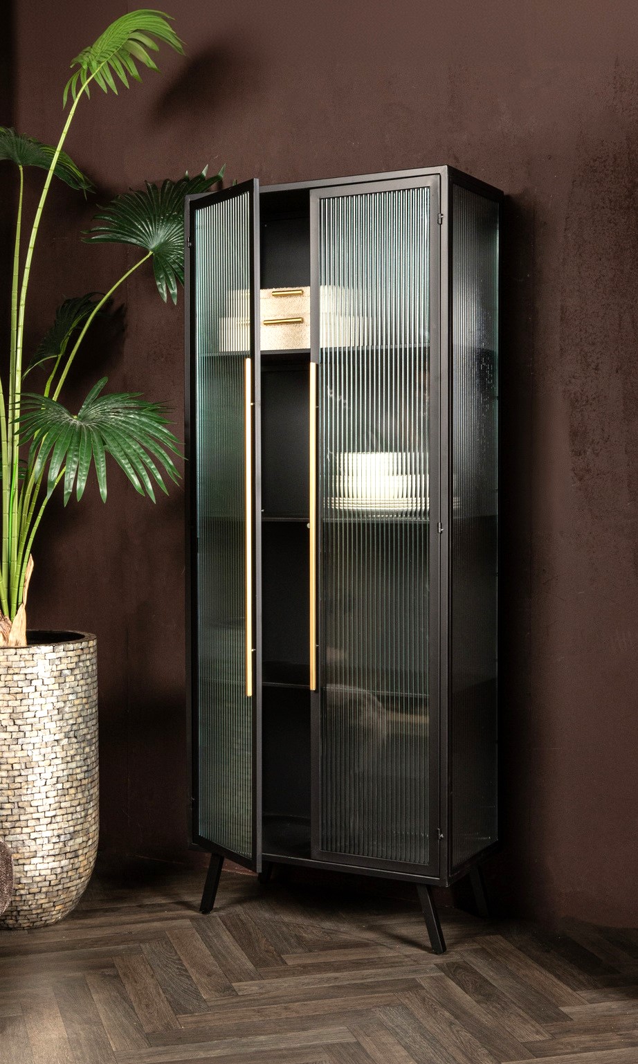 Industrial Vitrine Caeleen Metall mit geriffeltem Glas