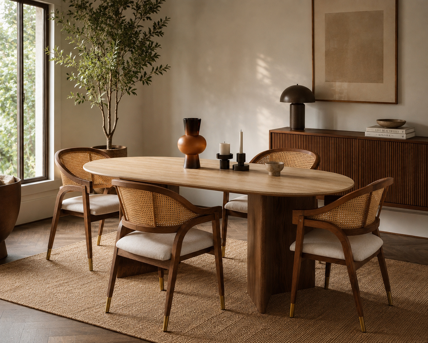 Essgruppe Tivoli Travertin Keramik 180 Massivholz Esche + 4 Stühle Aureo Walnuss