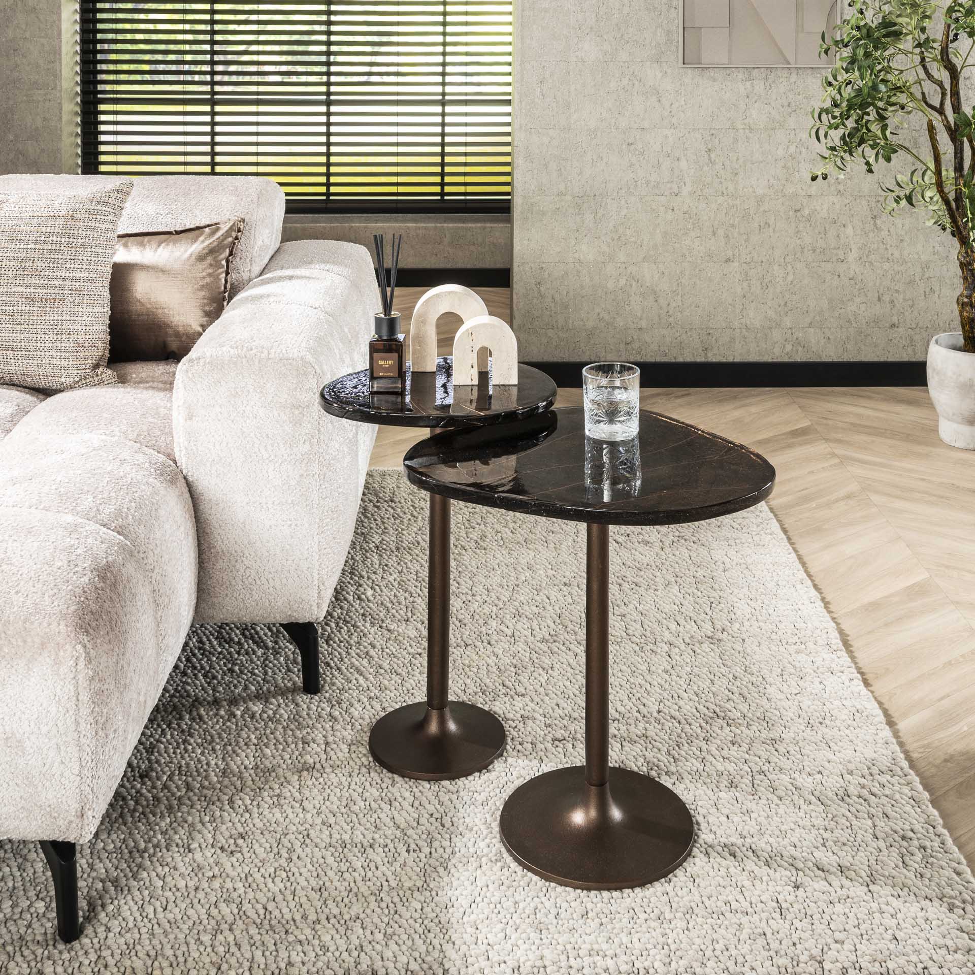 Retro Beistelltische Eclipse Glas Metall Antik-Kupfer L