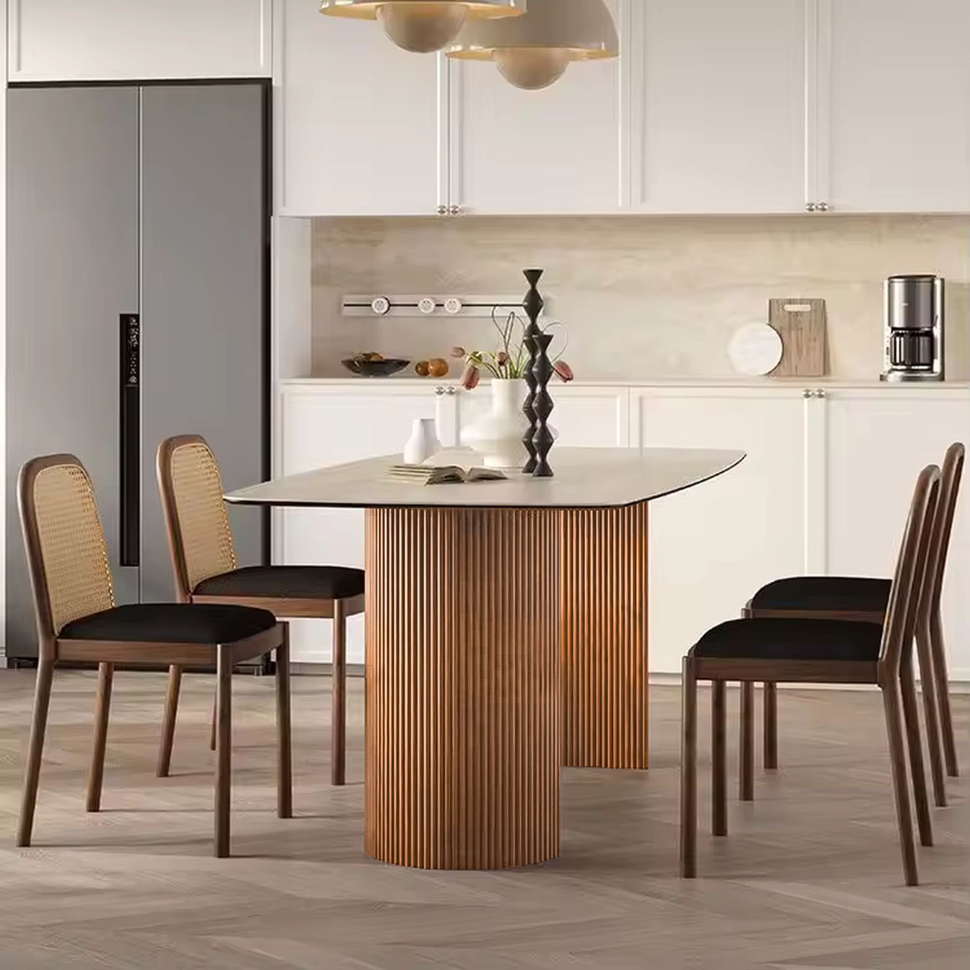  Essgruppe Travertin Tisch Roma + 4 Esszimmerstühle Kjeld Grün