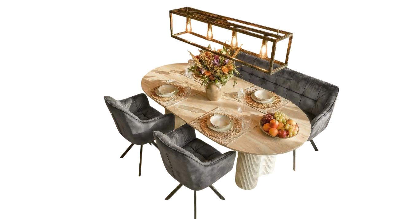 Essgruppe Bari 180 Travertin Metall + 2 Stühle und Bank Raster Samt Anthrazit