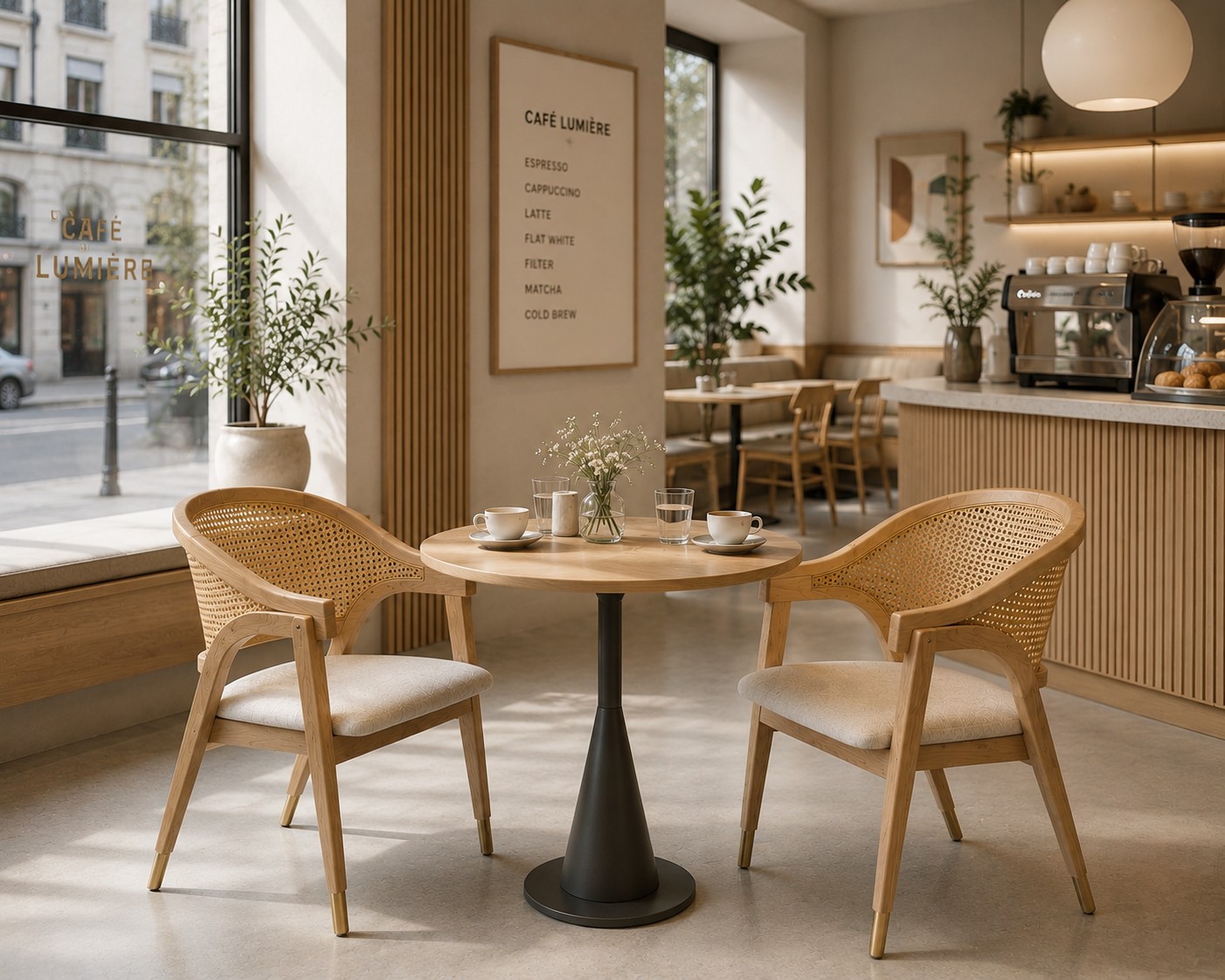 Esszimmerstuhl Aureo Mid-Century Massivholz Rattan Natur 2 Stück