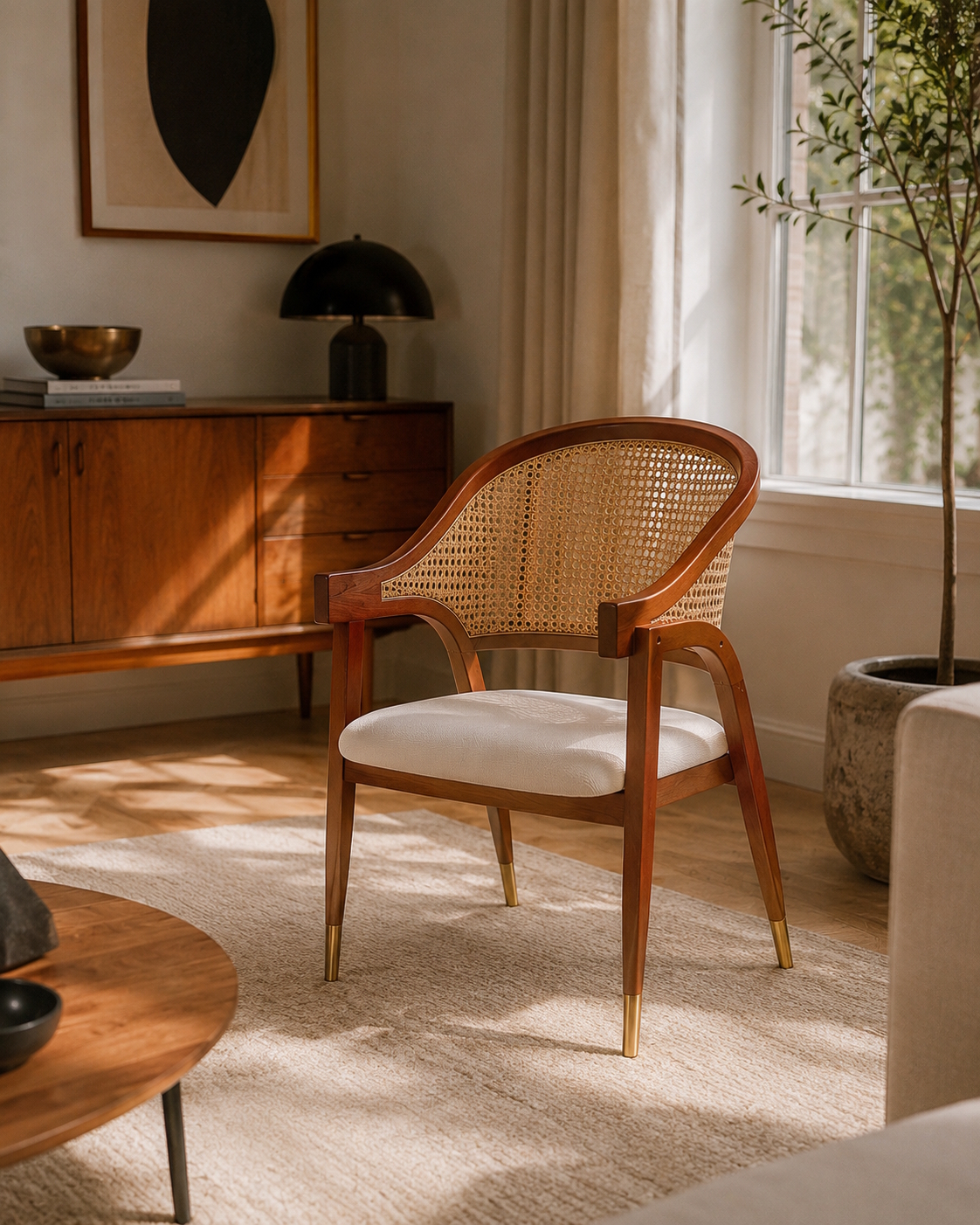 Esszimmerstuhl Aureo Mid-Century Massivholz Rattan Walnuss