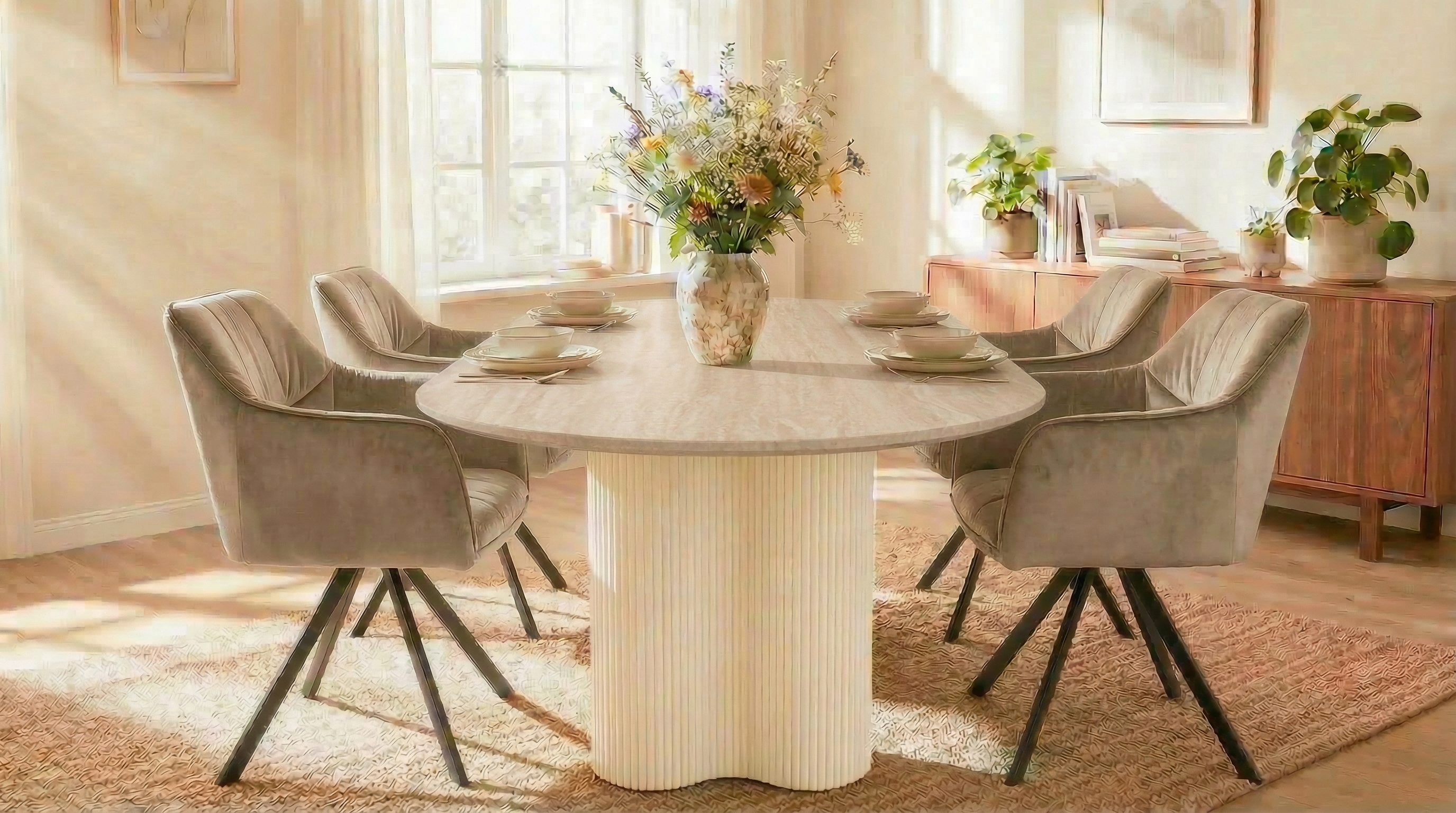 Essgruppe Bari 180 Travertin Metall + 4 Stühle Raster Samt Champagner