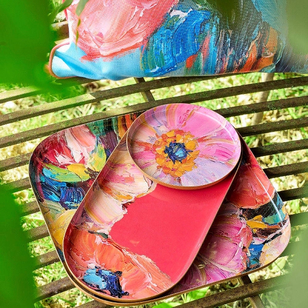 Vintage Tablett 3er Set Garden of Eden Blumenmotive Metall Rot