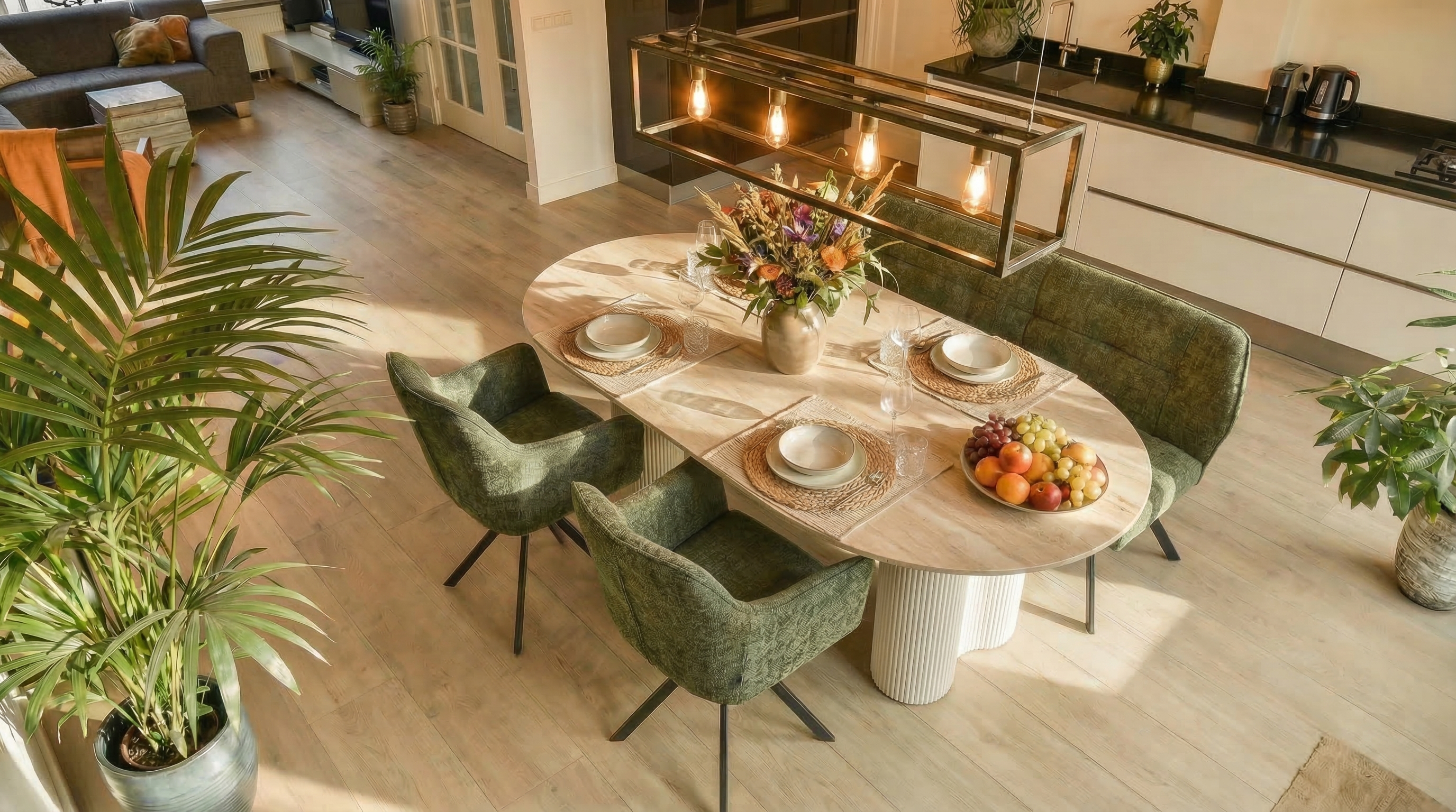 Essgruppe Bari 180 Travertin Metall + 2 Stühle und Bank Raster Strukturstoff Grün