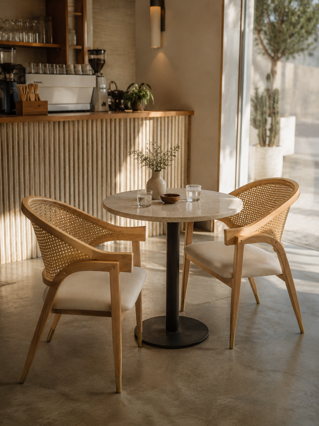 Esszimmerstuhl Aureo Mid-Century Massivholz Rattan Natur 2 Stück