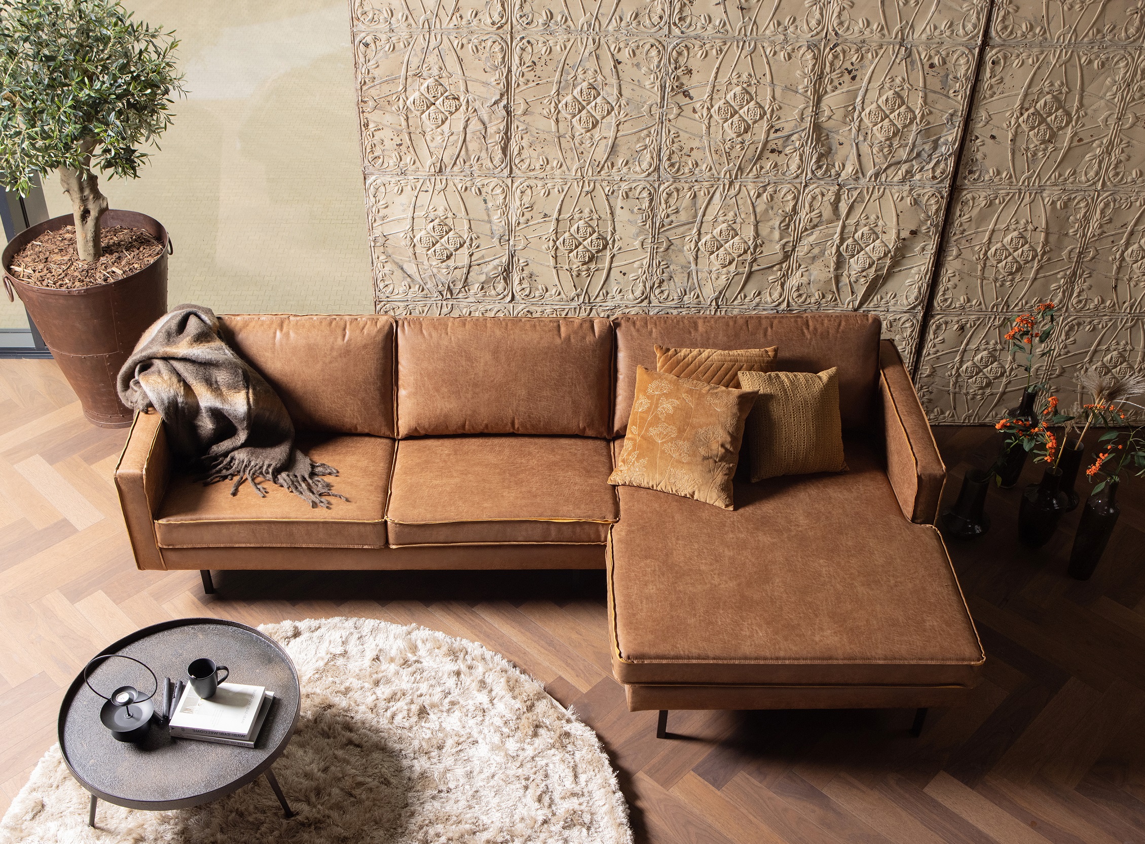 Ecksofa Leder Rodeo 3-Sitzer Cognac Rechts oder Links 300/160