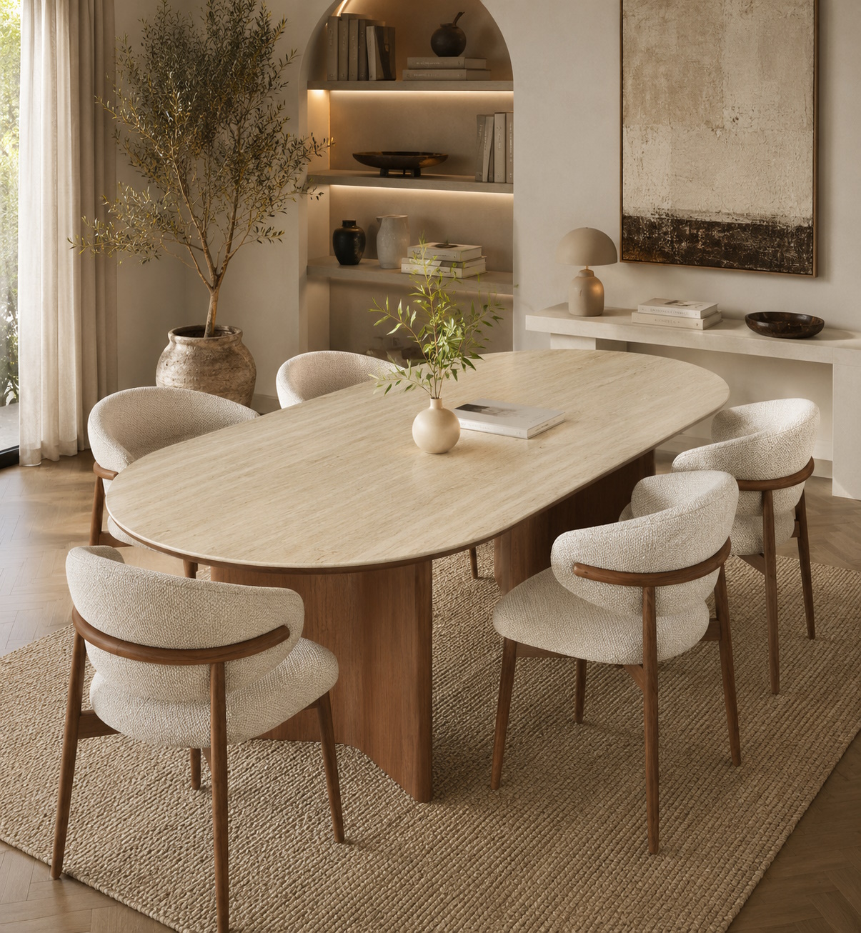 Esstisch Tivoli Travertin Keramik 180/200 Massivholz Esche