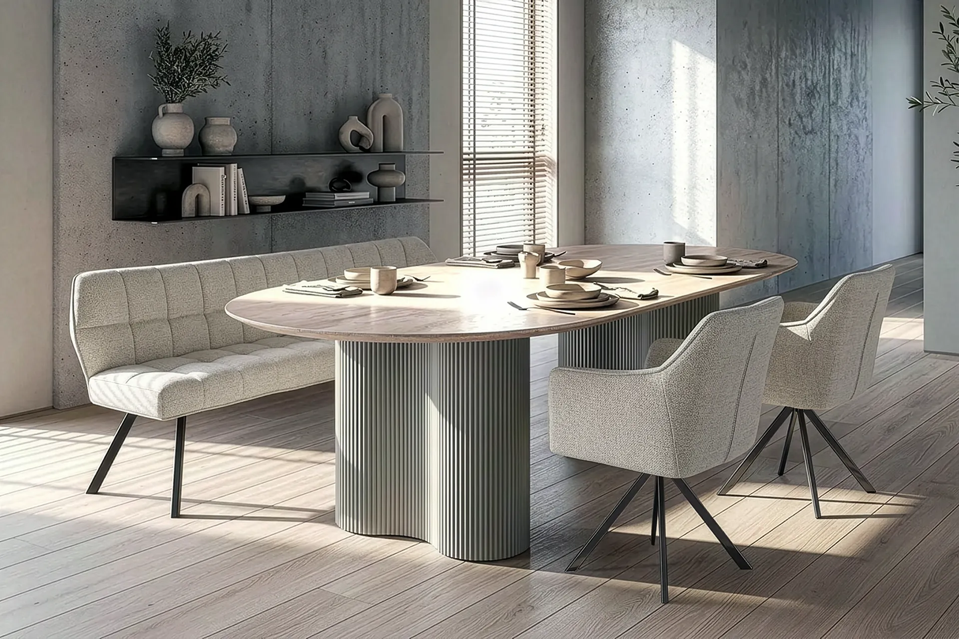 Essgruppe Bari 180 Travertin Metall + Bank Raster + 2 Stühle Strukturstoff Sand