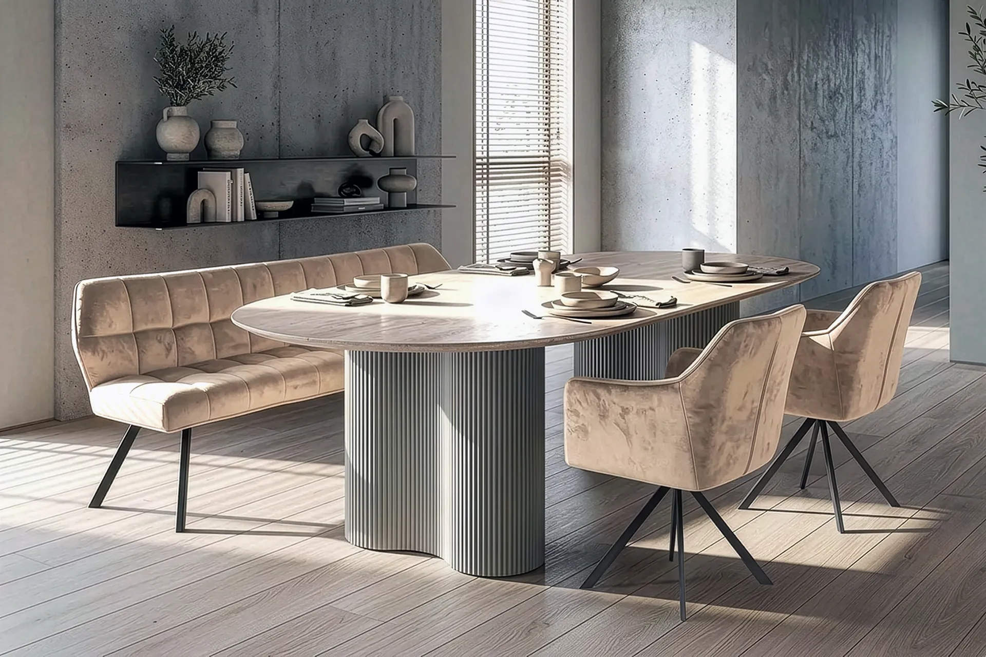 Essgruppe Bari 180 Travertin Metall + Bank Raster + 2 Stühle Samt Champagner