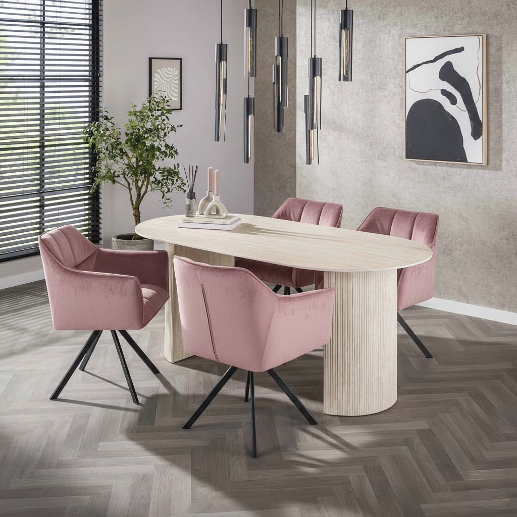Essgruppe Arch Organic 180 Travertin + 4 Stühle Samt Rosa