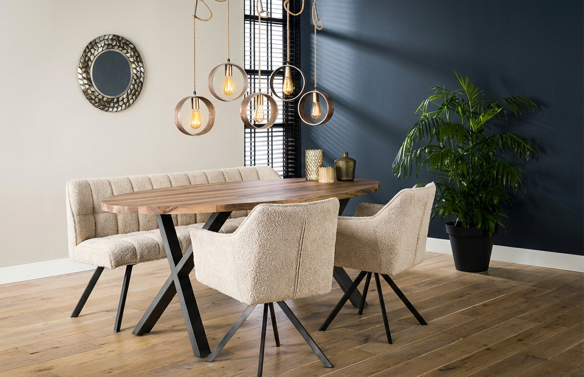 Set Essgruppe Polsterbank Raster + 2 Armlehnstühle Boucle Sand