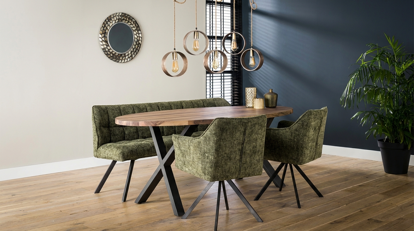 Set Essgruppe Polsterbank Raster + 2 Armlehnstühle Strukturstoff Grün