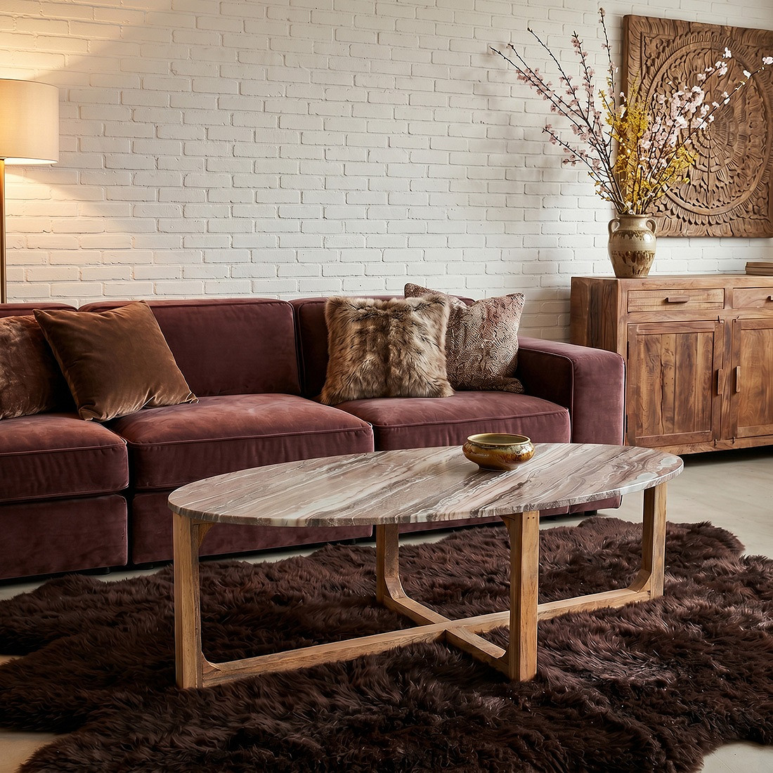 Retro Couchtisch Marble Marmor Holz Oval Grau/Braun