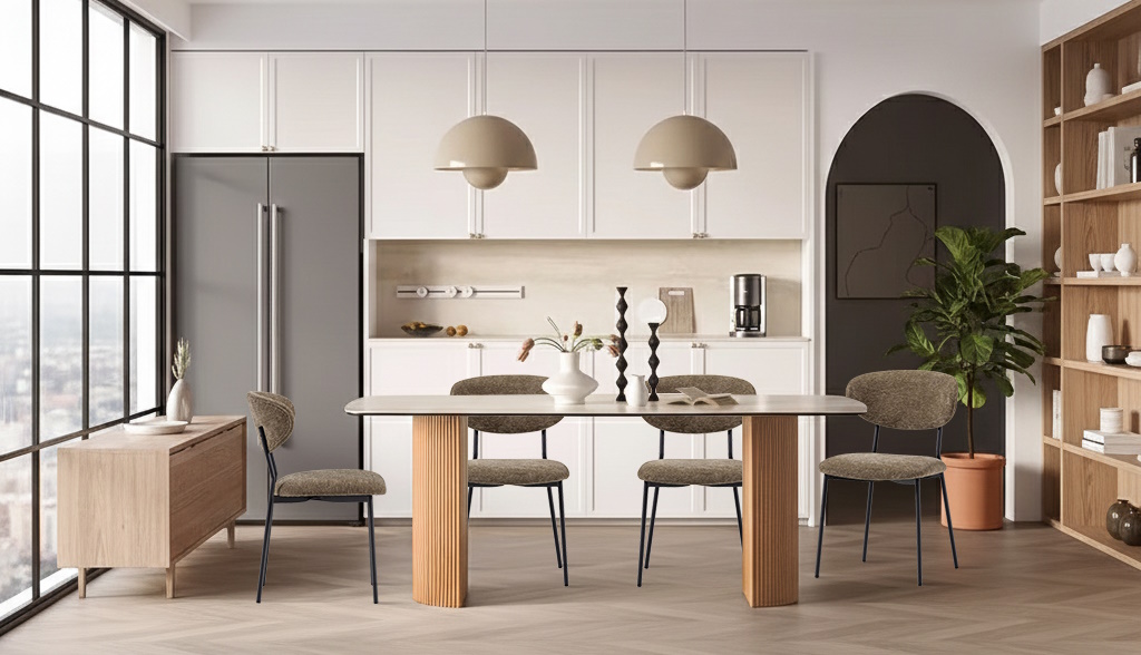  Essgruppe Travertin Tisch Roma + 4 Esszimmerstühle Kjeld Grün