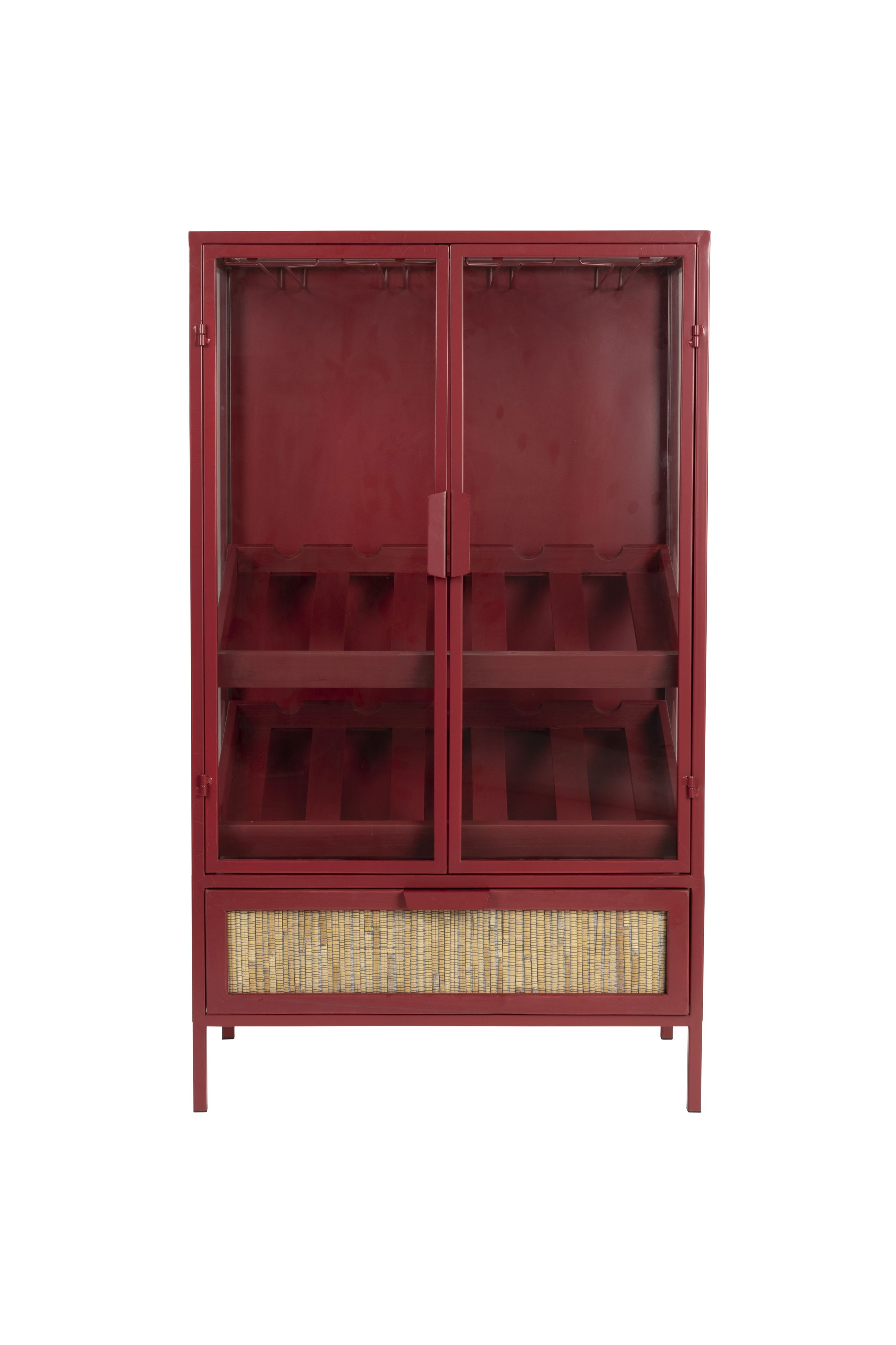 Retro Weinregal Barschrank Vitrine Mori Rot mit Rattangeflecht