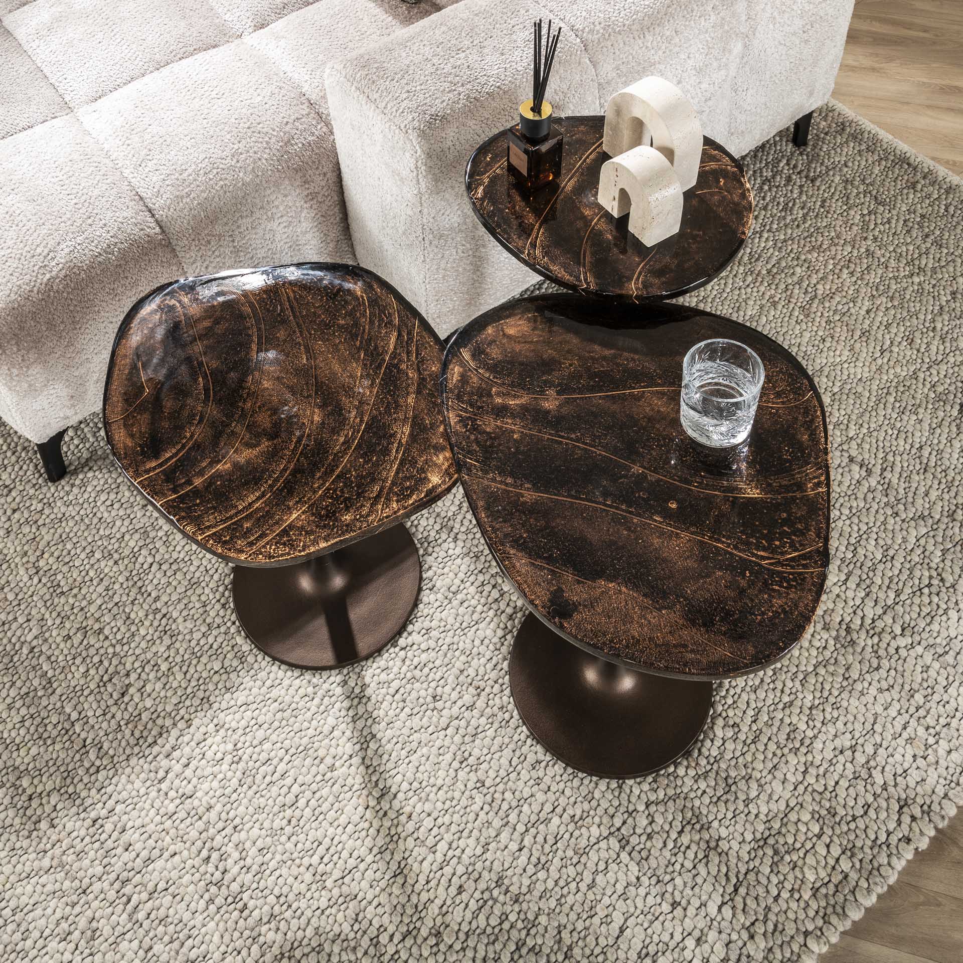 Retro Beistelltische Eclipse Glas Metall Antik-Kupfer L