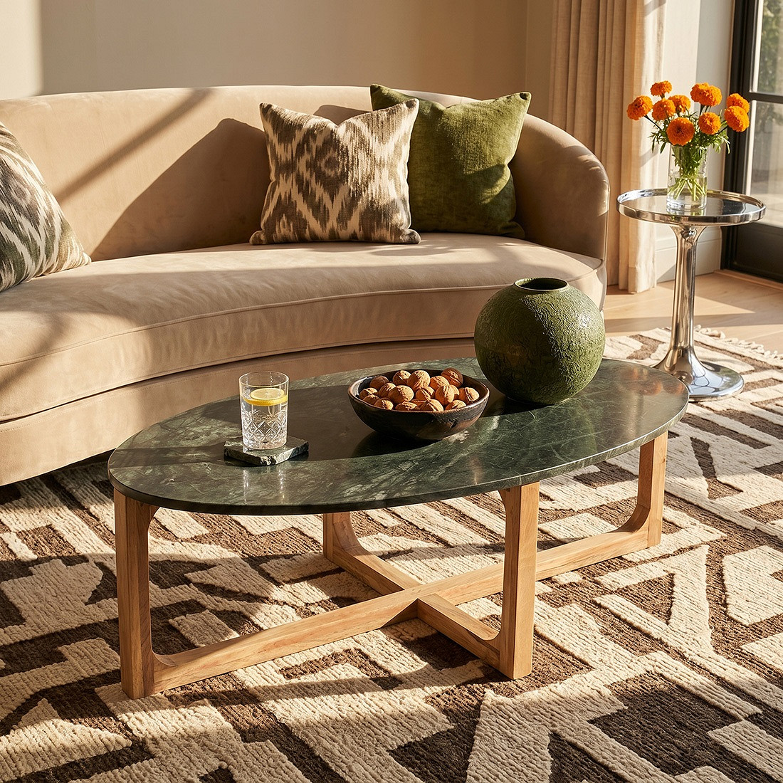 Retro Couchtisch Marble Marmor Holz Oval Grün