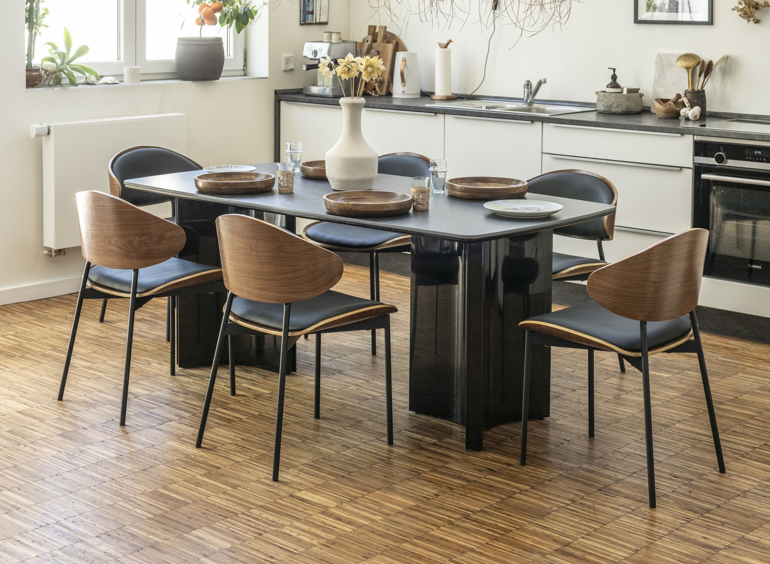 Industrial Esstisch Travertin Obsidia schwarz Metall 180/200