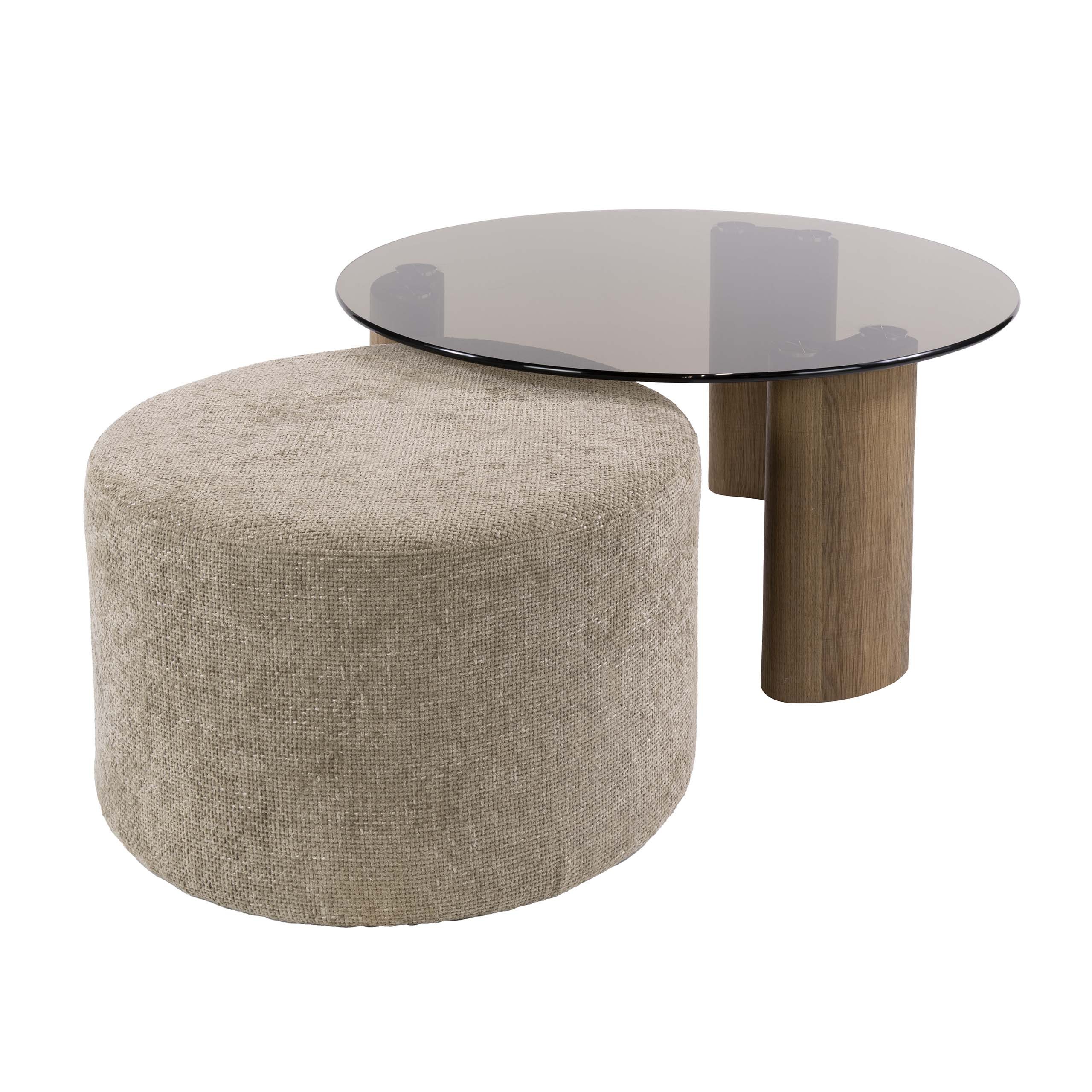 2er Set Retro Couchtisch und Pouf Tinto Rauchglas Eichenoptik