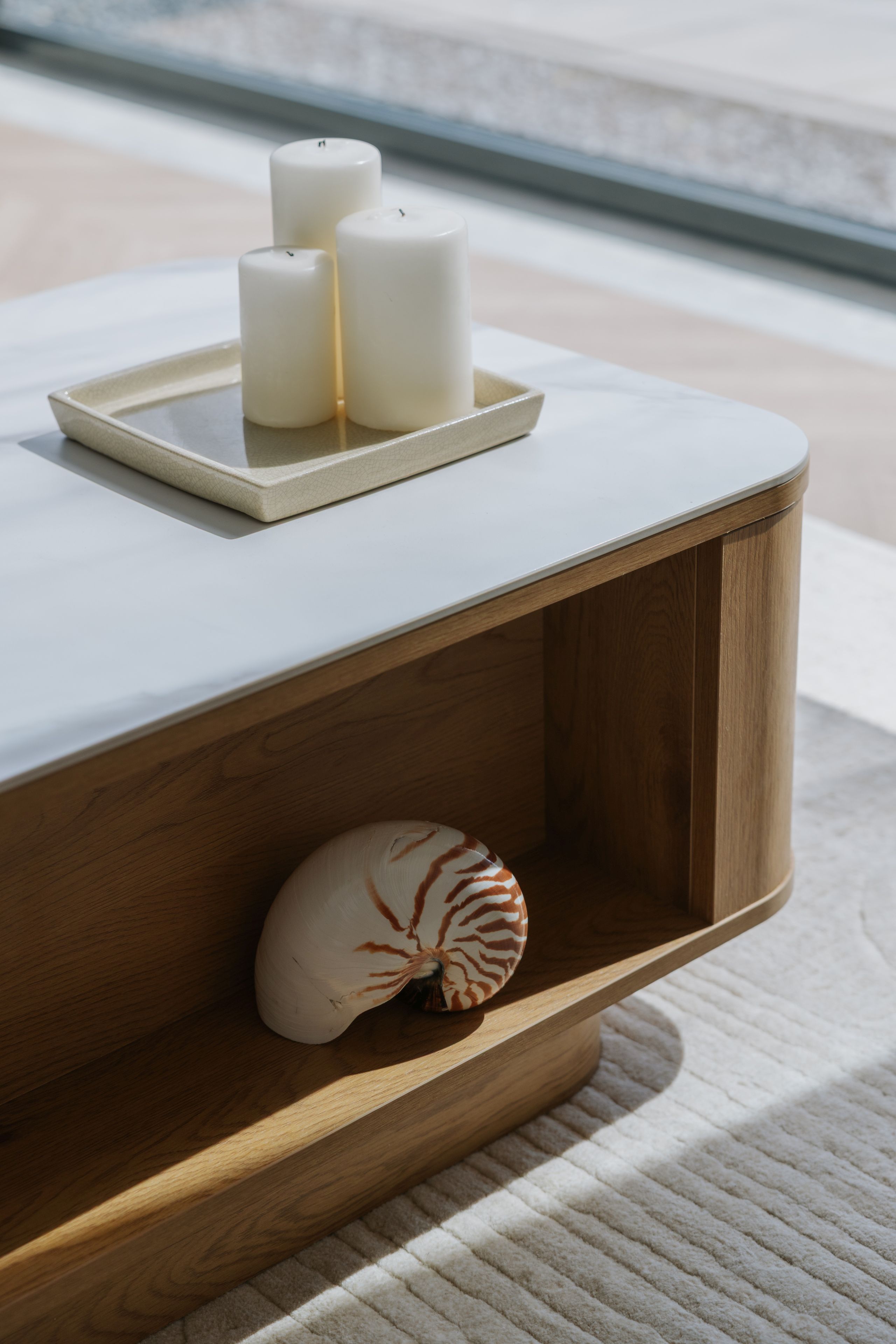 Couchtisch Almira Warm-Scandi 2-Schub Eiche Marmoroptik
