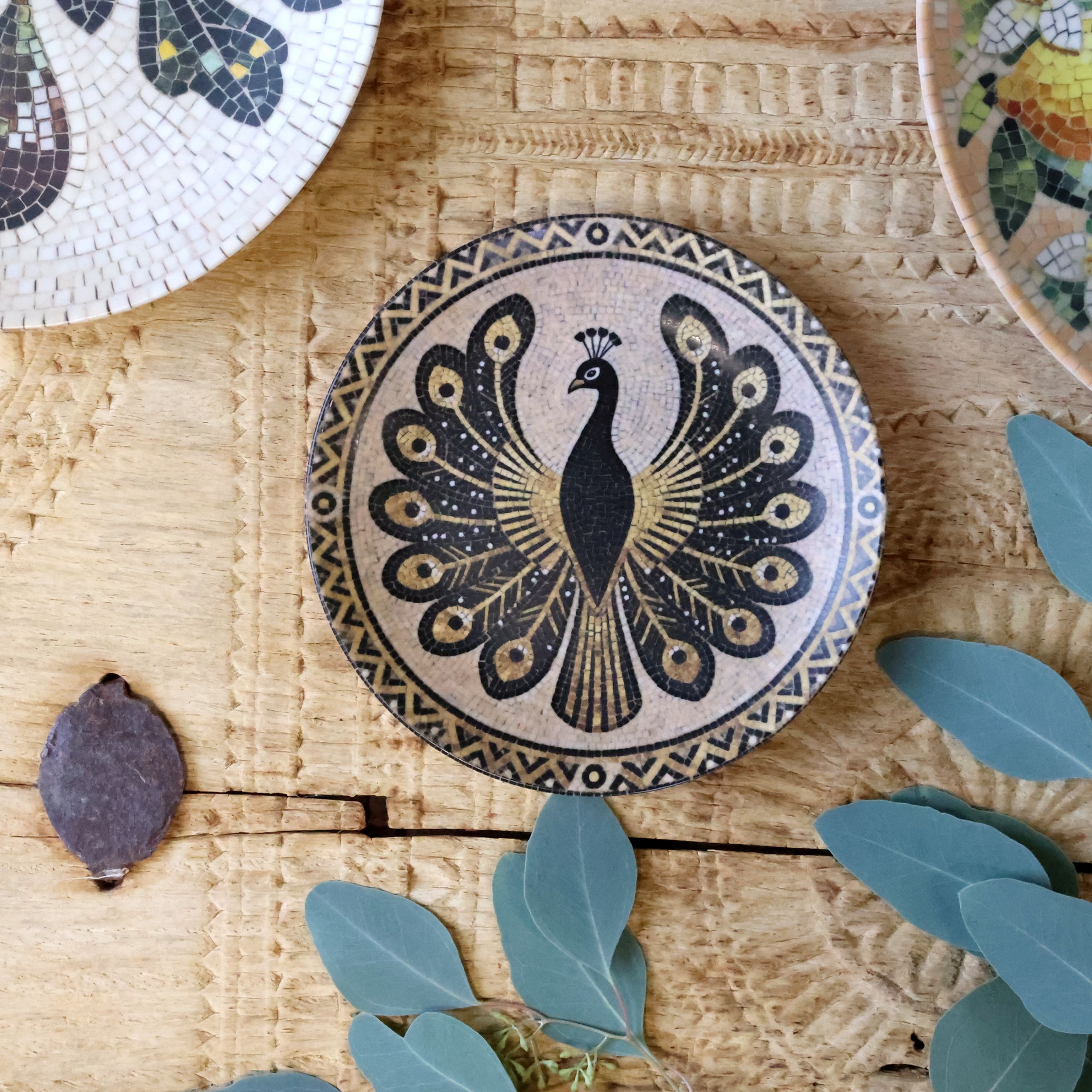 Mediteranes Mosaik Tablett Teller Steingut Chartres Pfau 1