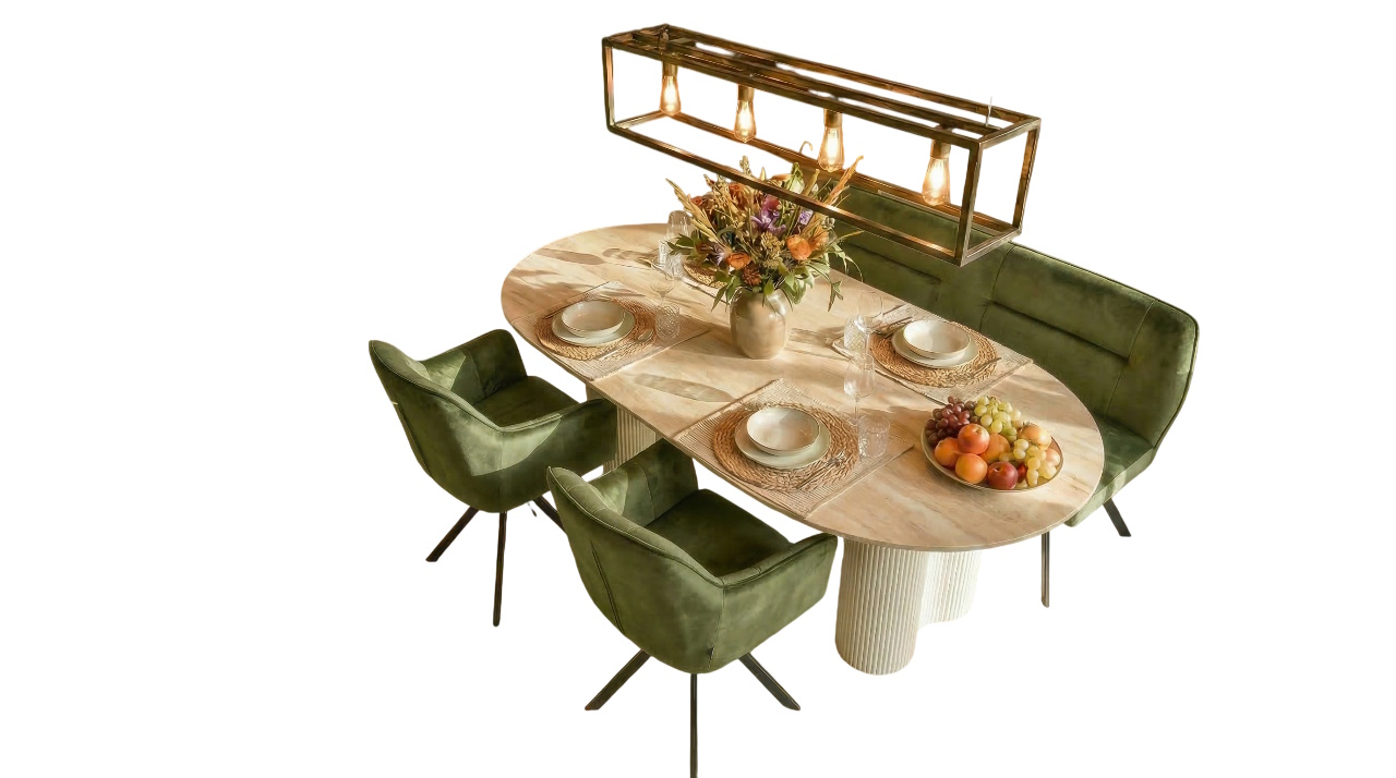 Essgruppe Bari 180 Travertin Metall + 2 Stühle Raster + Bank Samt Grün